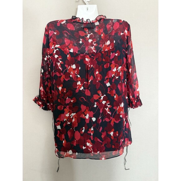 The Fold Crepe Popover Blouse Womens 10 US 100% Silk Black Red Floral Cottage - Picture 10 of 11